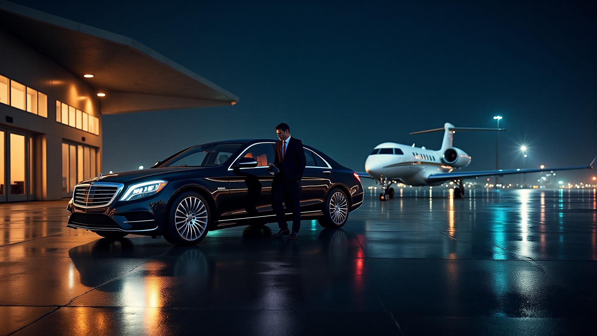 San Diego executive airport transportation - Professional chauffeur with luxury Mercedes sedan providing black car service at San Diego International Airport SAN